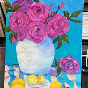 Original artwork Pink Roses in White Vase Floral Painting With Stripe Fabric